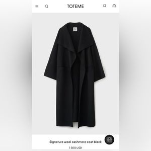 Authentic Toteme Signature Black Wool Cashmere Coat Minimalist Outerwear Size XS